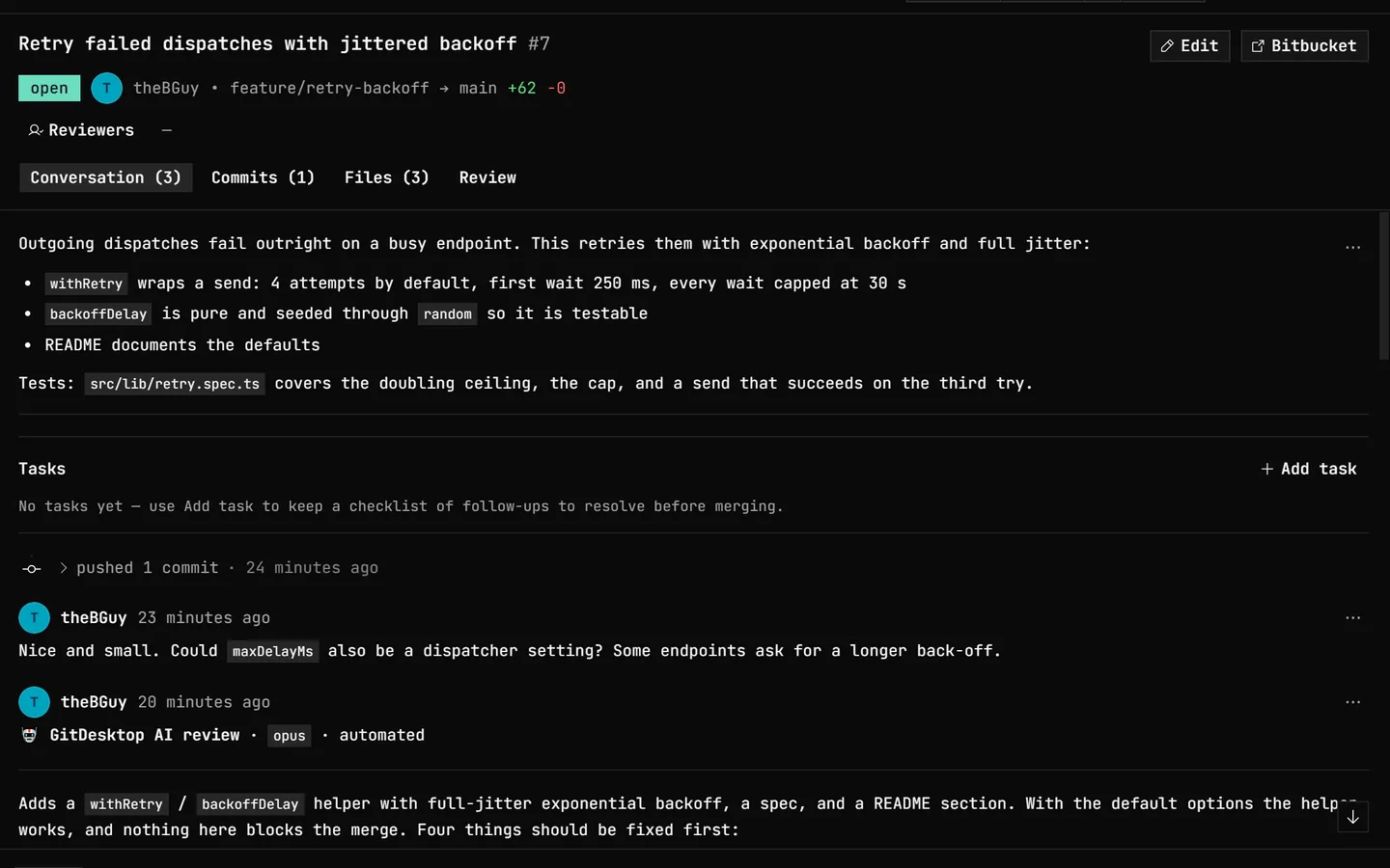 A Bitbucket pull request in GitDesktop: its description, an empty Tasks checklist with an Add task control, a comment, and the start of an automated AI review