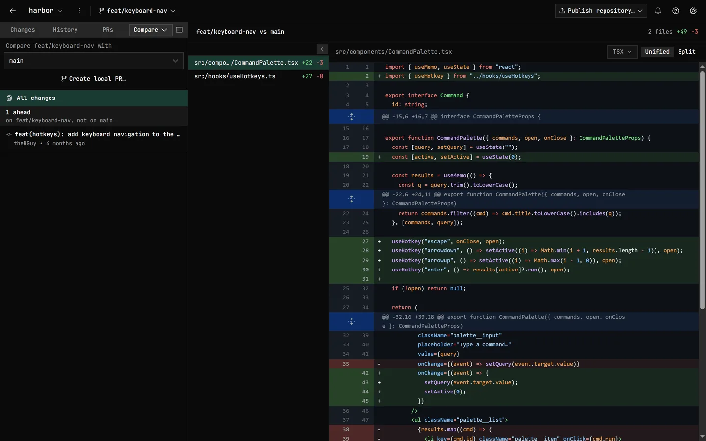 Comparing feat/keyboard-nav against main in GitDesktop: one commit ahead, two changed files (+49 -3), a Create local PR button, and the unified diff of CommandPalette.tsx