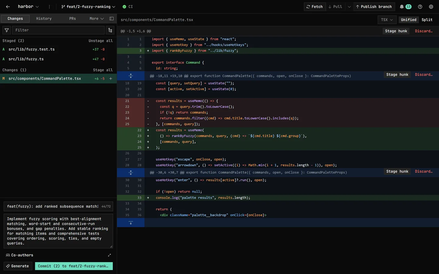 GitDesktop's Changes view: a TypeScript diff with Stage hunk controls on every hunk, two files already staged, and an AI-generated commit message in the composer