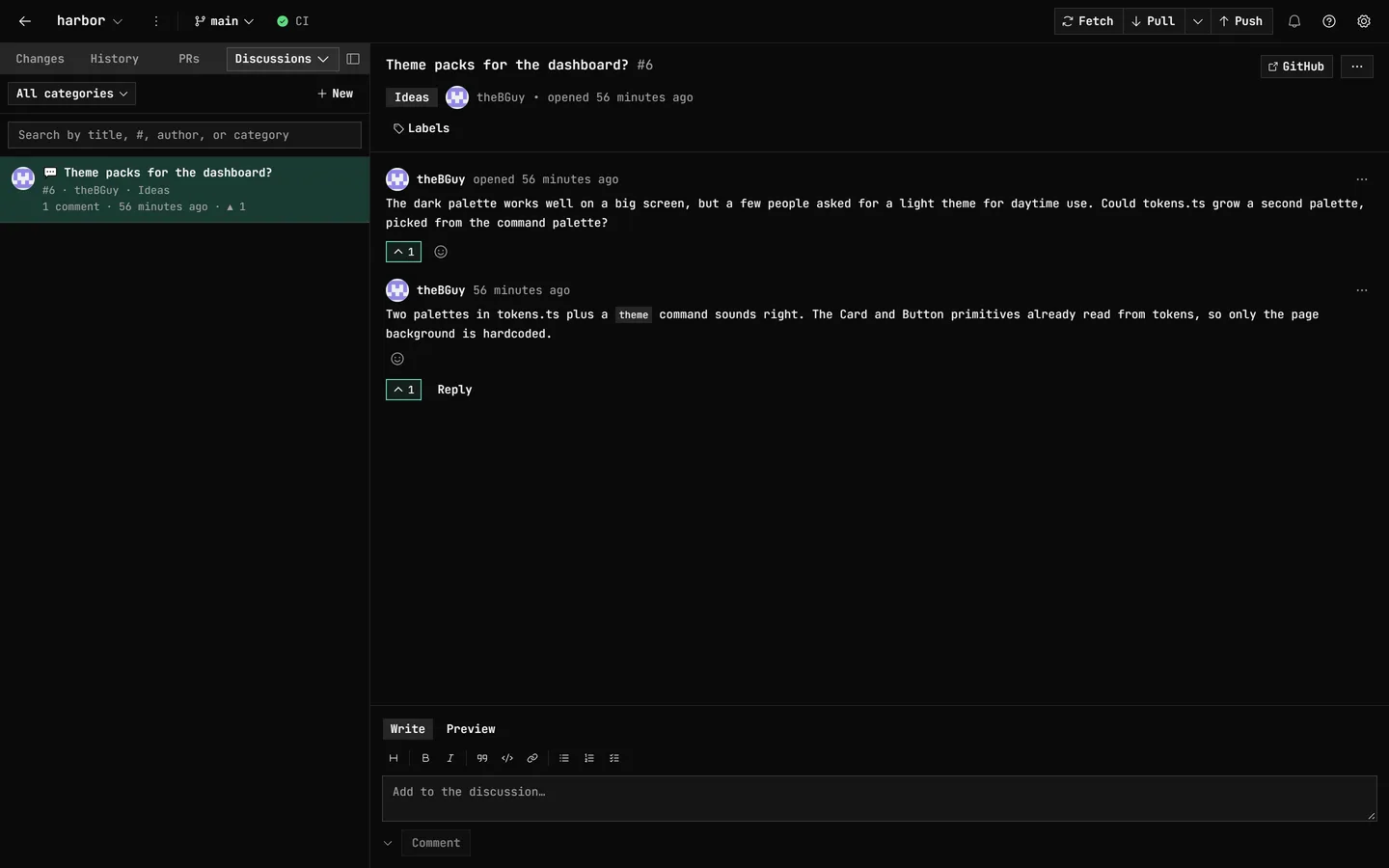 A GitHub Discussion in GitDesktop: a thread in the Ideas category with upvotes on the post and its one comment, a Reply button, and a Write/Preview composer