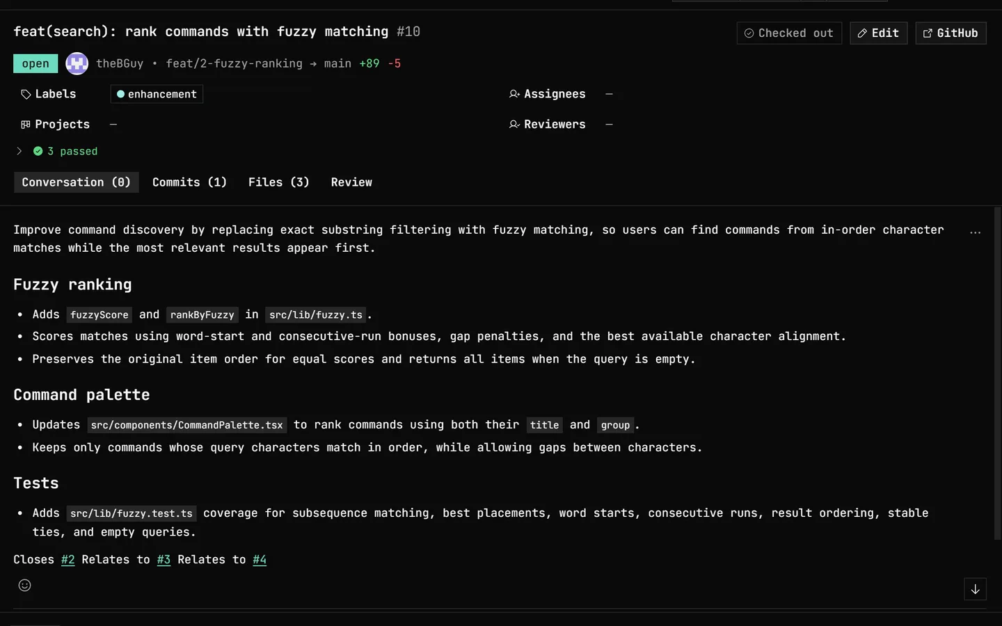 A GitHub pull request in GitDesktop: its branch and line counts, a label, a rollup of 3 passed checks, and the description with Closes and Relates to issue links