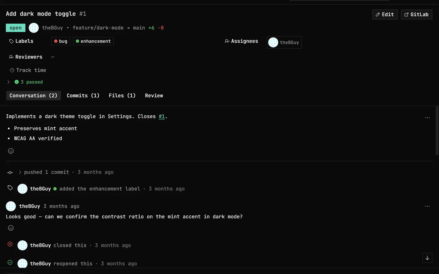 A GitLab merge request in GitDesktop: bug and enhancement labels, an assignee, time tracking, a rollup of 3 passed checks, and an activity feed with a pushed commit, a comment, and close and reopen events