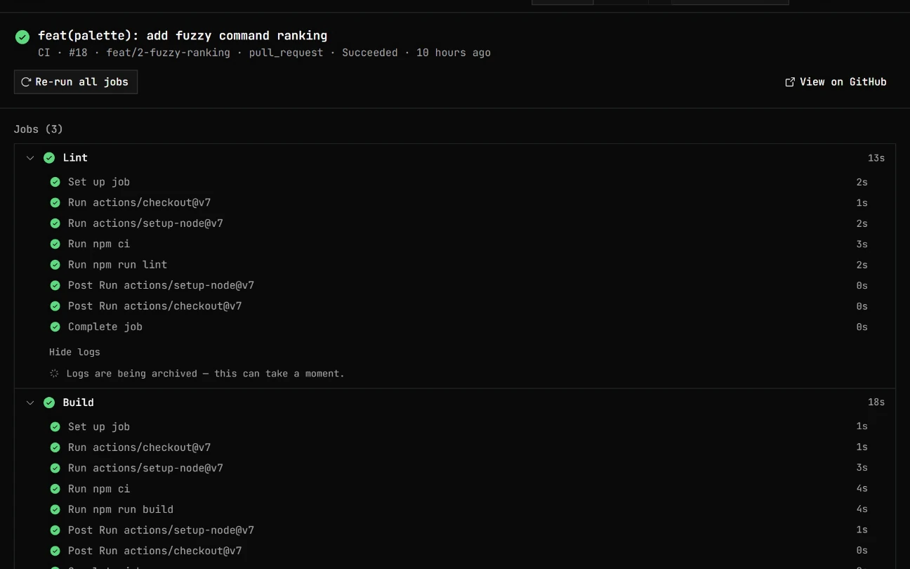 Opening a running GitHub Actions run from the list and watching its three jobs run to success, sped up