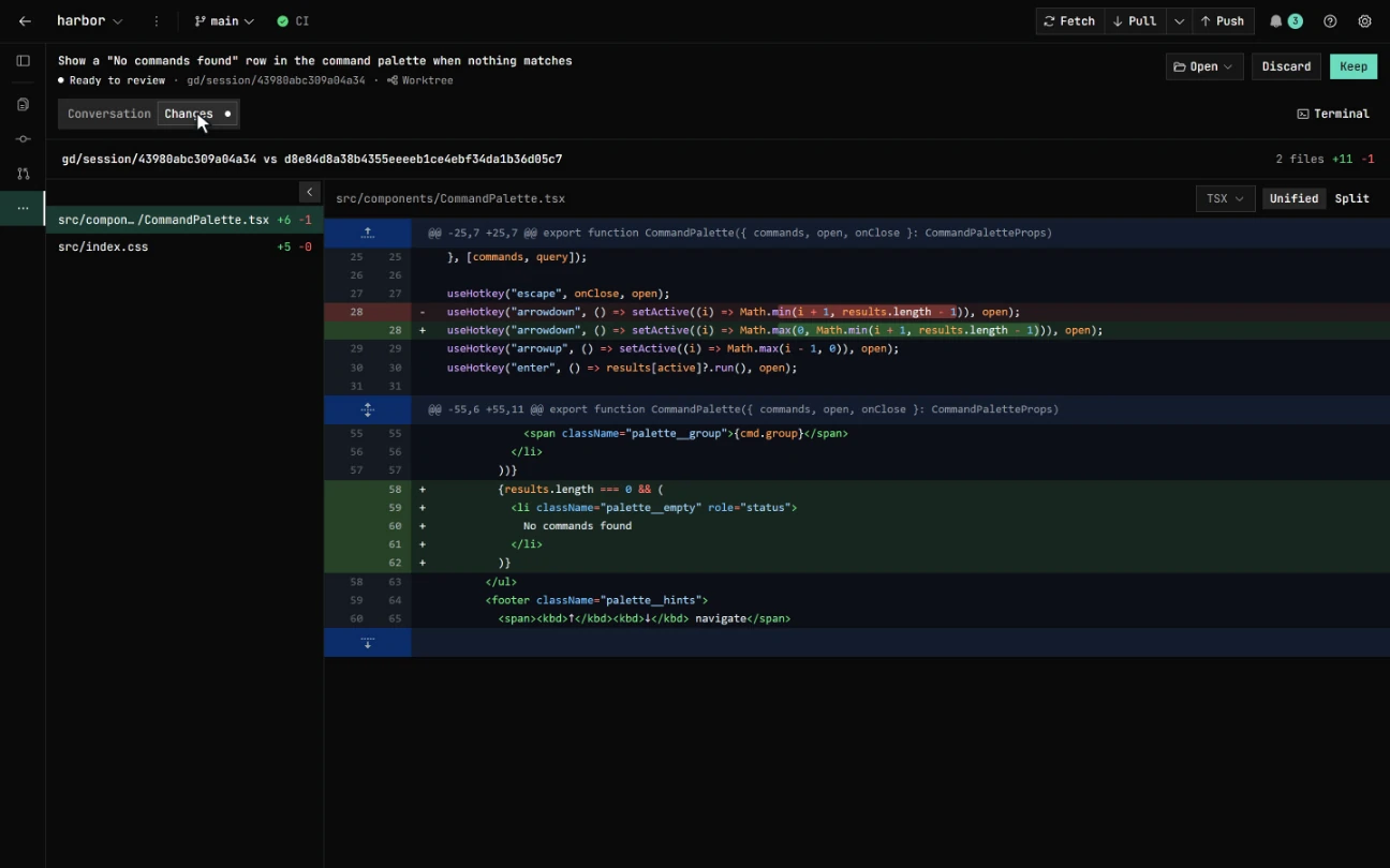 Handing a task to an agent: it searches, reads, and edits in an isolated worktree, sped up here, then its Changes view shows the diff