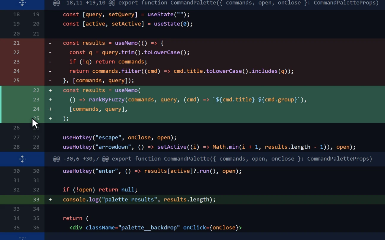 Dragging across individual lines of a diff, staging just those lines, then unstaging them from the staged copy